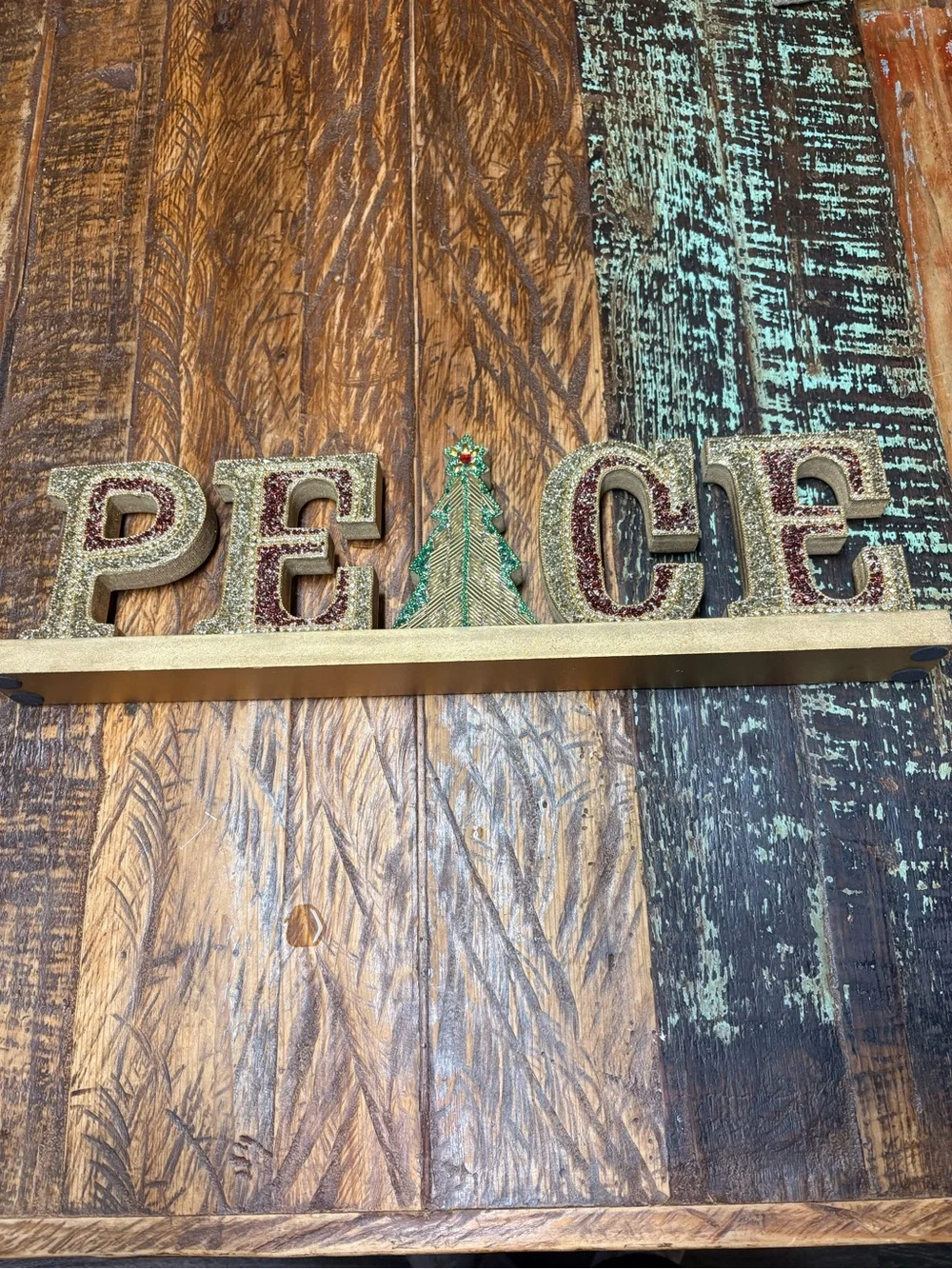 Pier 1 Gold, Green & Red Embellished Beaded Peace, Tree Wood Decor 21”X6”